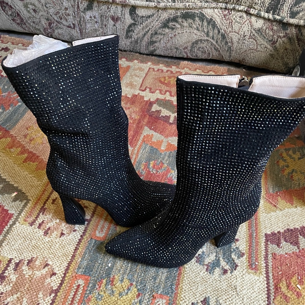FY Zoe Black Mid-Calf Rhinestone Boots